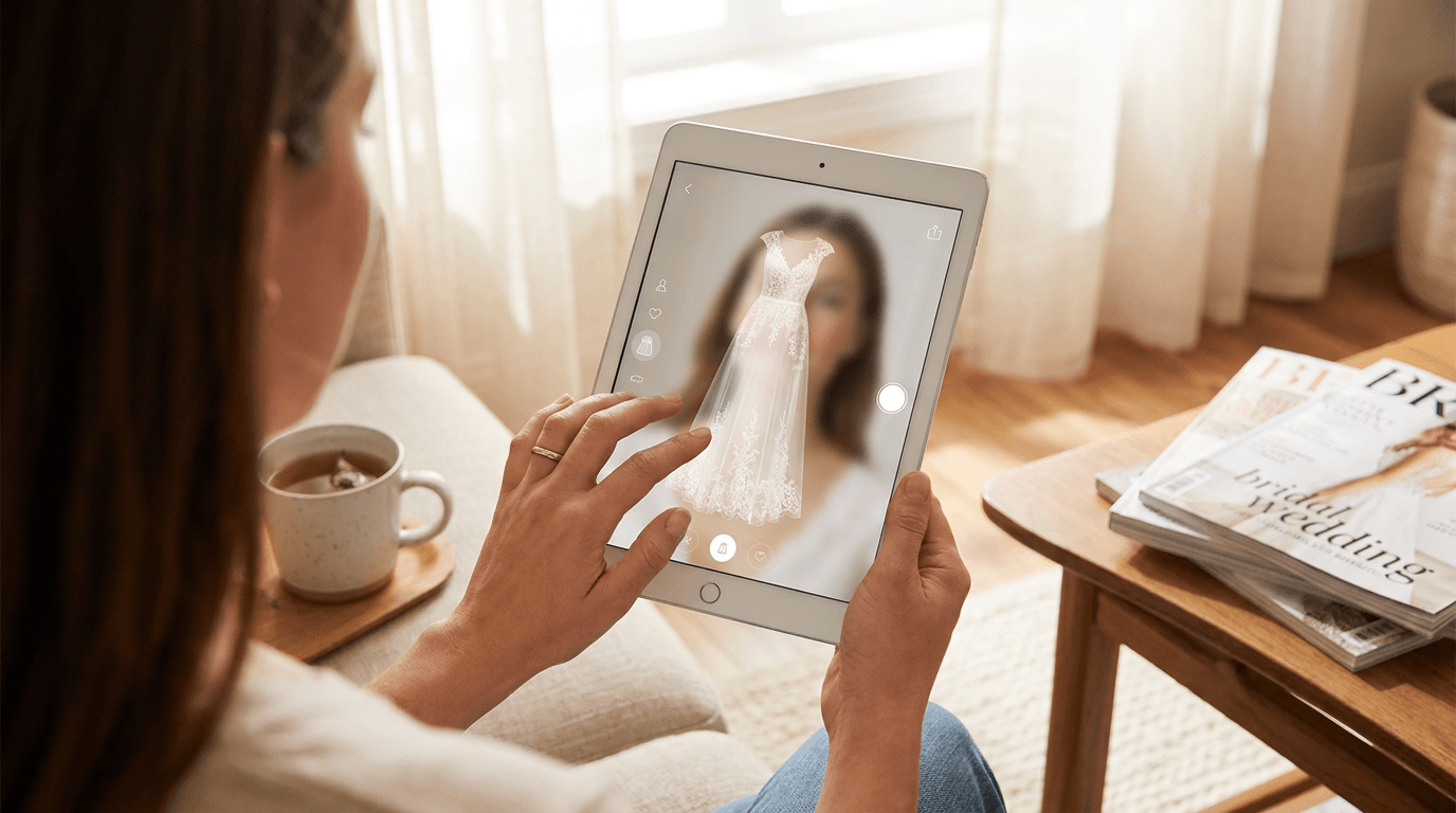 Editorial illustration for Virtual try-on for wedding dresses: why fit confidence matters more here