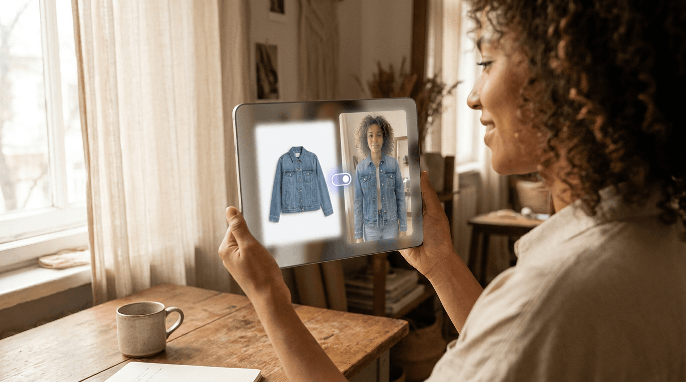 Editorial illustration for Virtual Try-On for Webflow Ecommerce Stores